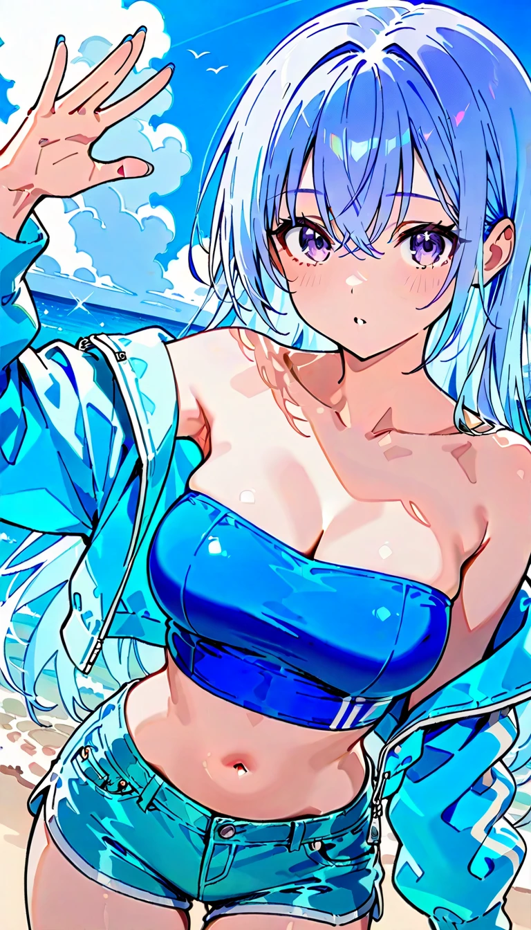 1girl, from behind, sexy smile, medium breasts, blue bikini, blue eyes, aqua hair, curly hair, open gray hoodie, sea, masterpiece quality, ultra HD, 4K, best quality,