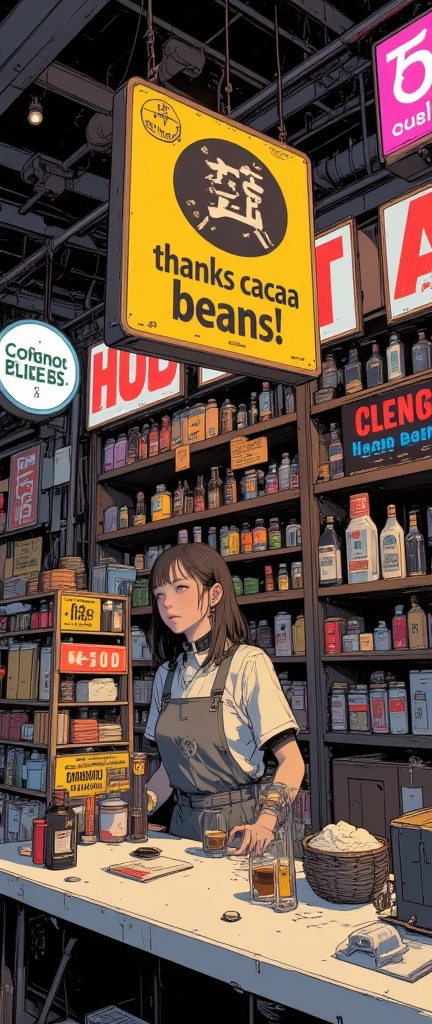 ("Thanks cacao beans!"A price tag with),canned coffee piled up nicely,General store,advertising signs line up in the corner,dynamic typography,big logo