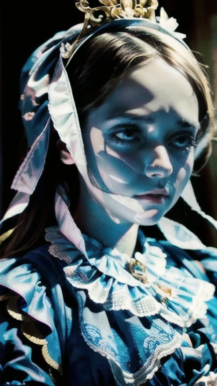 (finely detailed beautiful eyes and detailed zombie face,masterpiece sidelighting,masterpiece,best quality,detailed,high resolution illustration),, (depraved topless zombie girl,whole body,sundress,lustrous skin,looking down,looking at viewer),, (blood hair,blue eyes,ribbon, sheer clothes), (clothed_underbust:1.2),underboob