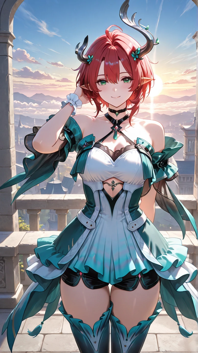 Belaruold ousado traje preto:1.3) (Encantado_rosto), Beautiful girl, Sapatos, testa, short hair, (Minar:1.5), Messy_Hair, (red hair:1.4), (cabelos azuis:1.4) (olhos verdes:1.5), sozinho, quebrar, garota, SFW,