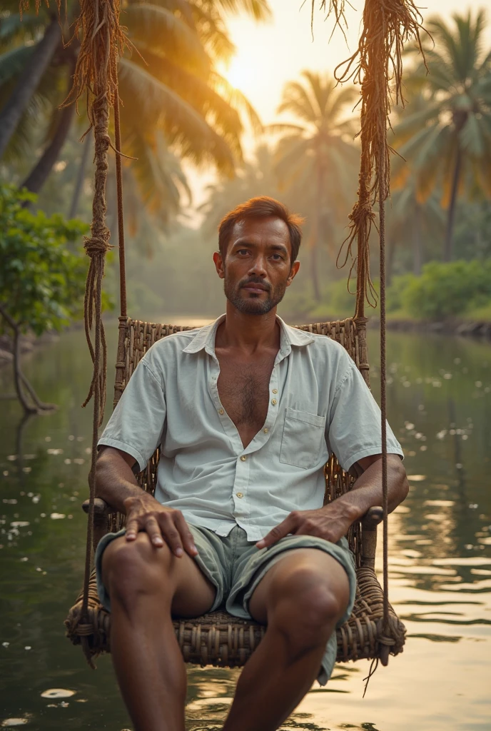 Indian from the Guaraní tribe sleeping in his hammock SURROUNDED BY NATIVE PLANTS WITH LARGE LEAVES FROM THE MISSIONARY JUNGLE