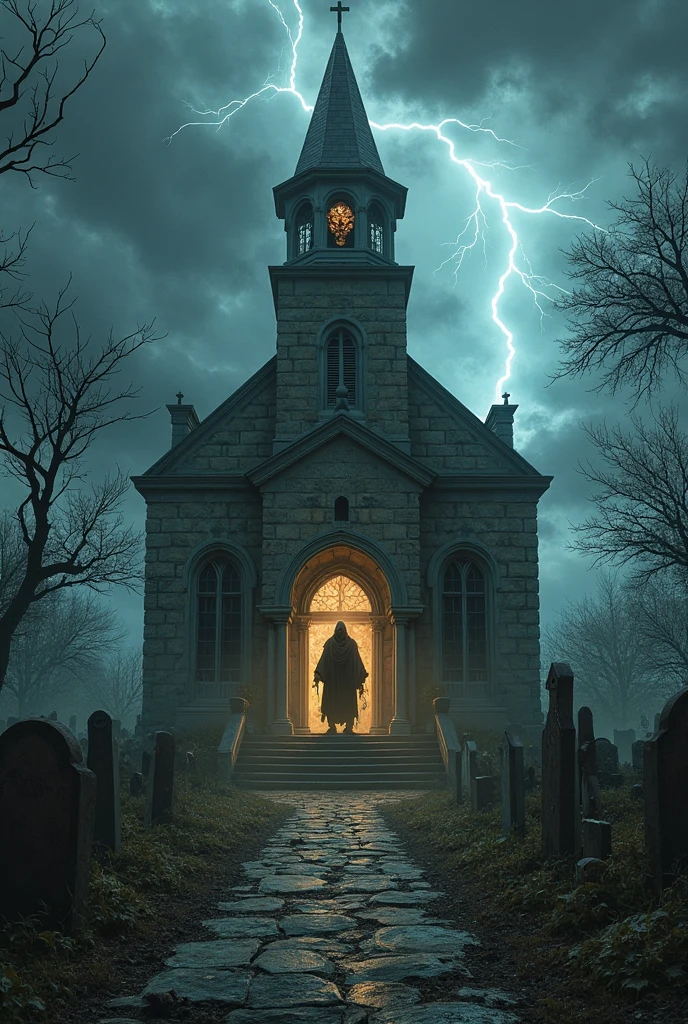 "A decrepit church in the middle of a desolate graveyard, thunderstorm overhead, and a demonic figure standing at the altar."