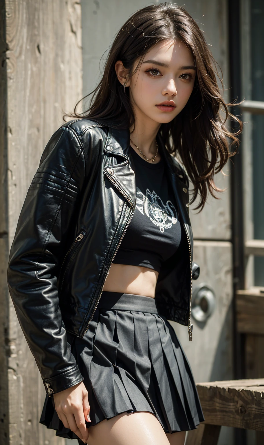 A tall and well-proportioned,Beautiful facial features,Youthful and energetic girl from the East,Wearing a waist-length high ponytail,Leaning against the wall,Wear a black leather jacket,Wear a white shirt,With a black peaked cap,The slender waist is exposed,Healthy wheat-colored skin and clear waistline,Wear black jeans and black sneakers。The surrounding lights are charming,Cyberpunk-style light shines on the body。high quality,high quality