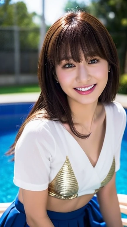 realistic, photogenic, with the sea in the background, wearing school uniform, the top button of the upper cloth is open, a little exposed at chest, skirt is short and just reaching above the thighs, middle-length hair, hair color mixes bronde and brown, hair is blowing in the wind, hair is shaggy and dishevelled, very sunburned and tanned skin, medium build a little bit chubbily figure, skiny chest, heavy and vivid makeup, small mouth, small nose, smooth shaped jawline, glossy face, heavy flushed cheeks, big smile while open mouth, flirting, having a great time, , detailed eyes, slanted eyebrows, detailed lips, close-up shooting, photorealistic, highly detailed, 8k, best quality, masterpiece, vibrant colors, dramatic lighting, cinematic composition, digital art