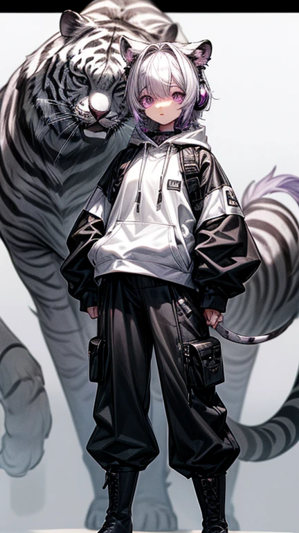 roxo: 1.5, laranja: 1.1, Branco: 1.3, amarelo: 1.3, (garota rapper com cabelo pavor), tatuagens, (roupas puffer do poder: 1.2), flor, folhas, mistborn, linhas, background circles, purple clothing.
