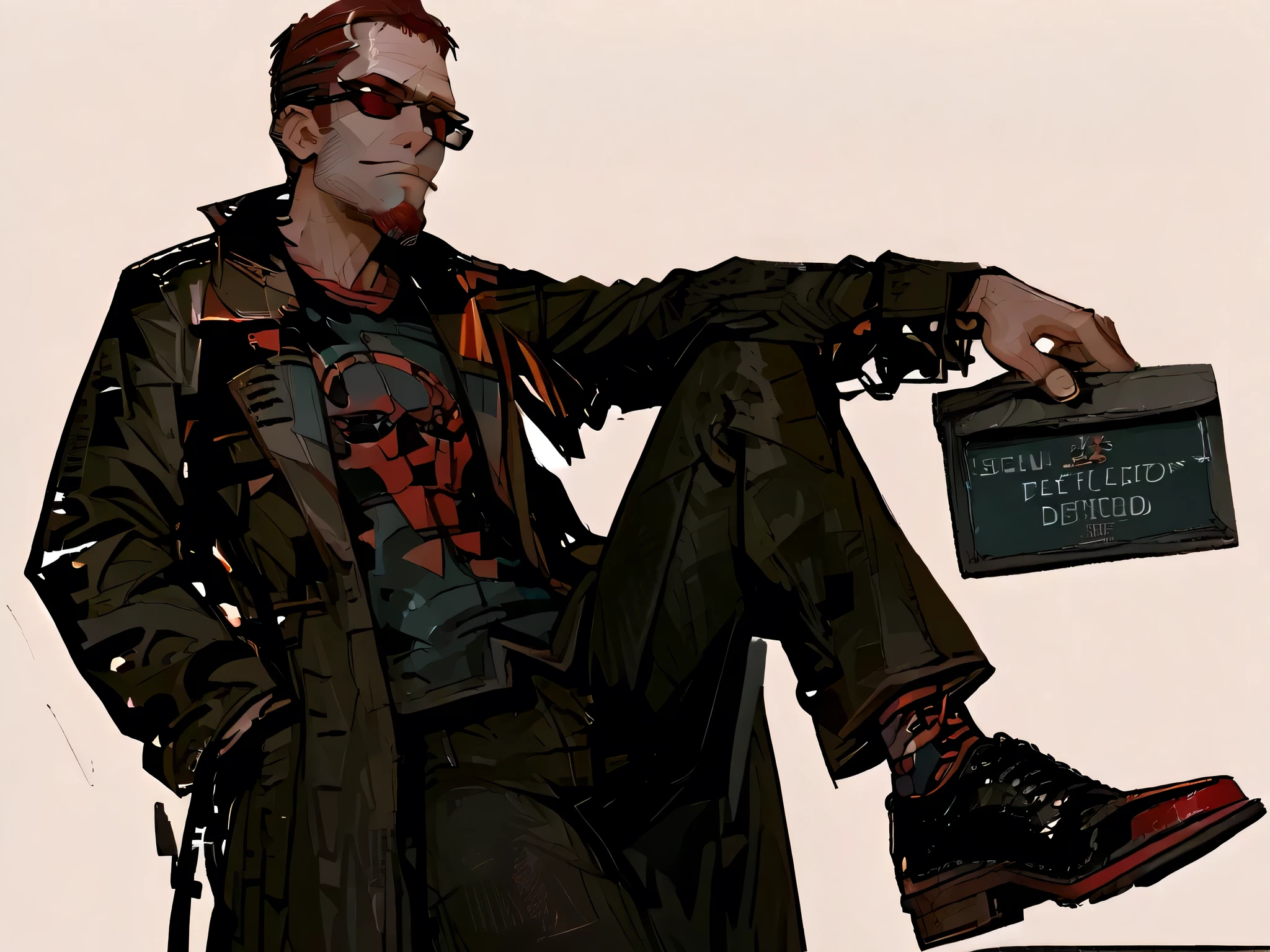 best quality, masterpiece, detailed,748cmstyle, 1man, Postal Dude, sulfs-p2d00d, beard, goatee, red hair, shirt, coat, pants, sunglasses
shoes, skinny, simple background, psychodelic, glitches