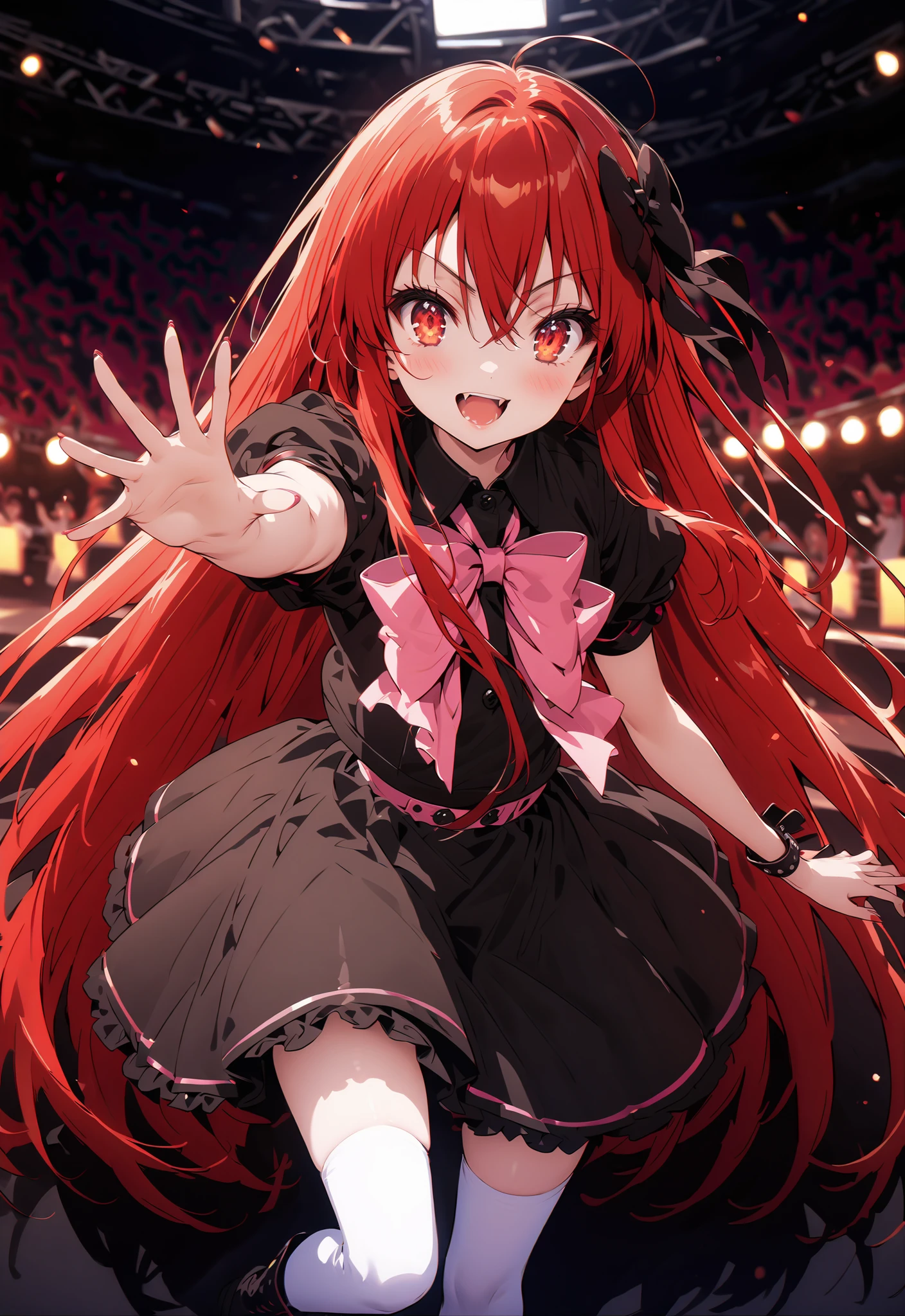 score_9, score_8_up, score_7_up, source_anime,,Shana ,solo, very long hair, red hair, red eyes, stupid hair,small, small ,smile,blush,open your mouth,idol costume,dress,collared dress,jacket,cropped jacket,Short sleeve,bowtie,bow,button,villages with,(white knee-highs:1.2),boots,アイドル歌手がライブ ステージで熱狂的に歌うシーンillustration,the idol singer stands in the center of the stage, idol singers sing with microphones , idol singers are serious and impressive ,The singer's voice is strong and beautiful. , fans gather around the stage , fans sing and dance with idol singers Idol singers who do things ,The Big Picture, Various colored lights ,,break looking at viewer,full body,
breakindoors,Concert Hall,
break (masterpiece:1.2), best quality, high resolution, Unity 8Kの壁紙, ( illustration :0.8), (beautiful detailed eyes:1.6), Highly Detailed Face, perfect lighting, Highly Detailed CG, (perfect hand in h, perfect anatomy),