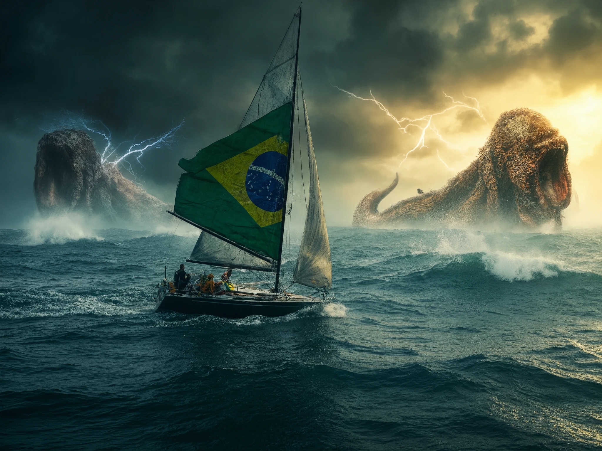 A heroic Brazilian sailboat with the national flag fluttering, helmed by a lone Olympic sailor wearing a sleek wetsuit with Brazil's colors, braving a colossal storm at sea. Gigantic krakens rise from the raging ocean, their glowing eyes and twisting tentacles emerging through crashing waves and lightning. The sailboat slices through the chaos with defiance, its sails torn but holding. The sky is dark and apocalyptic, with dramatic clouds lit by flashes of thunder, ocean spray flying in all directions. Hyper-detailed, cinematic lighting, stylized realism, golden highlights clashing with deep blues and greys. High contrast, epic wide-angle shot, Flux style masterpiece.
