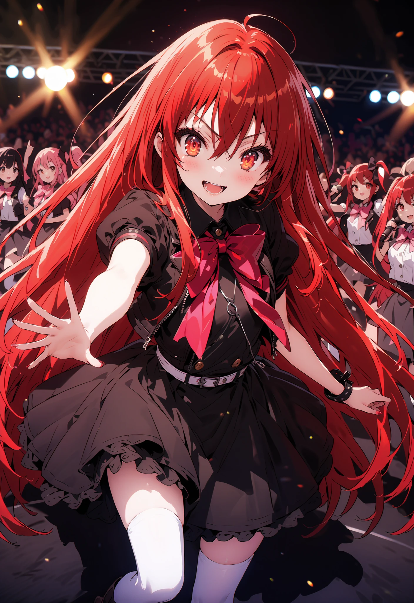 score_9, score_8_up, score_7_up, source_anime,,Shana ,solo, very long hair, red hair, red eyes, stupid hair,small, small ,smile,blush,open your mouth,idol costume,dress,collared dress,jacket,cropped jacket,Short sleeve,bowtie,bow,button,villages with,(white knee-highs:1.2),boots,アイドル歌手がライブ ステージで熱狂的に歌うシーンillustration,the idol singer stands in the center of the stage, idol singers sing with microphones , idol singers are serious and impressive ,The singer's voice is strong and beautiful. , fans gather around the stage , fans sing and dance with idol singers Idol singers who do things ,The Big Picture, Various colored lights ,,break looking at viewer,full body,
breakindoors,Concert Hall,
break (masterpiece:1.2), best quality, high resolution, Unity 8Kの壁紙, ( illustration :0.8), (beautiful detailed eyes:1.6), Highly Detailed Face, perfect lighting, Highly Detailed CG, (perfect hand in h, perfect anatomy),