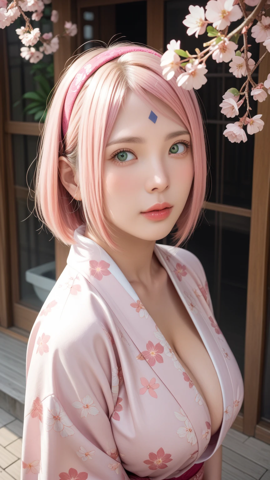 masterpiece, best quality, (realistic,photo-realistic:1.4), (RAW photo:1.2), extremely detailed CG unity 8k wallpaper, delicate and beautiful, amazing, finely detail,official art, absurdres, incredibly absurdres, huge filesize, ultra-detailed, extremely detailed, extremely detailkcaled girl,extremely detailed eyes and face, light on face,little smiles,(short hair:1.3),(pink hair:1.3)(nature background:1.4),haruno sakura,(hoodie:1.5),fishnet bra