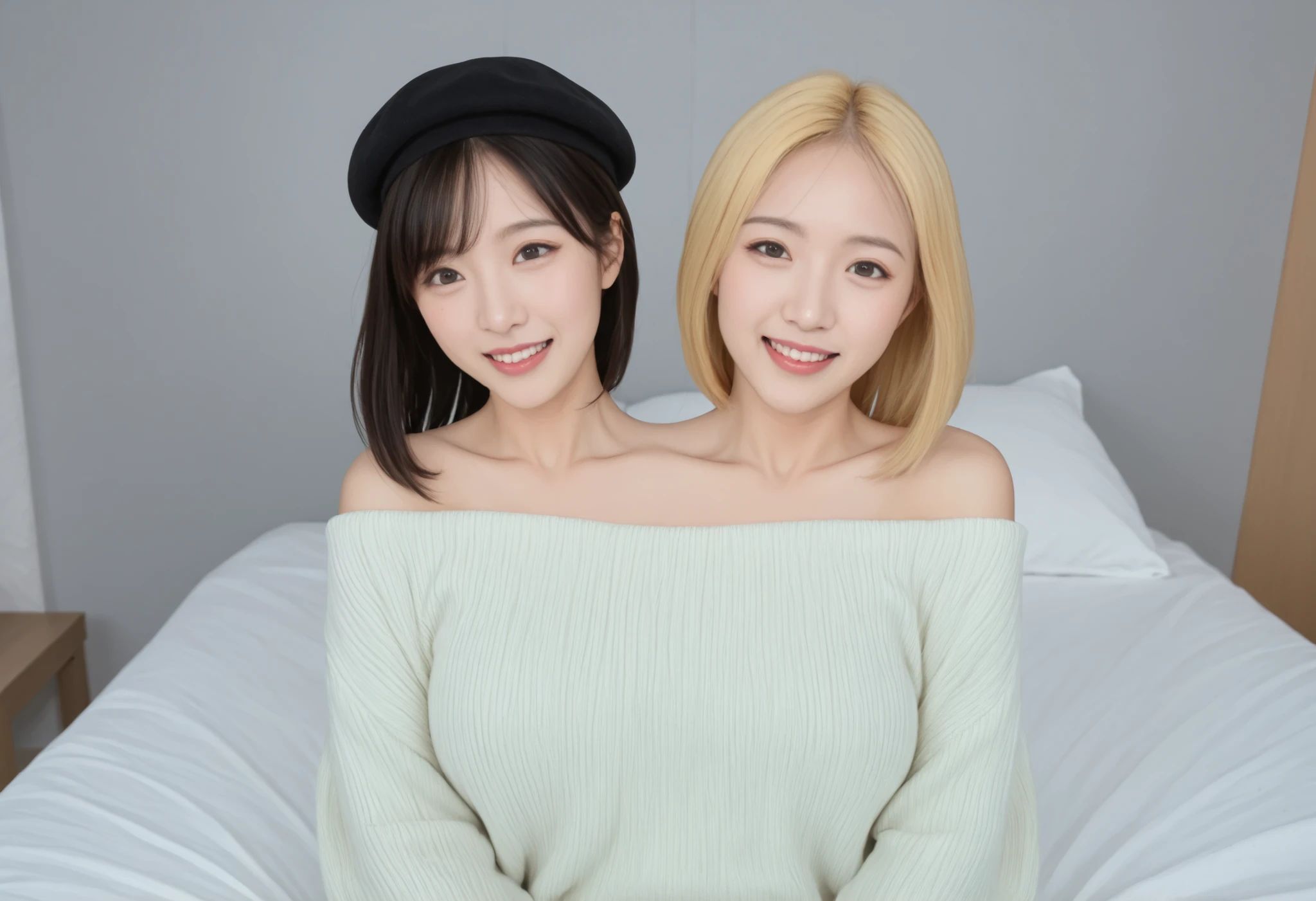 wide cowboyshot, best resolution, different emotions ,different haircolors ,crying woman with blonde hair, happy woman with black hair, 2japanese women with two heads conjoined, different faceshapes, round chin, sharp chin,different hair lengths, short hair, long hair, forehead, bare shoulders, hair no fringe, fluffy beret, ,oversized baggy sweater, no pants, crawling on bed, detailed face