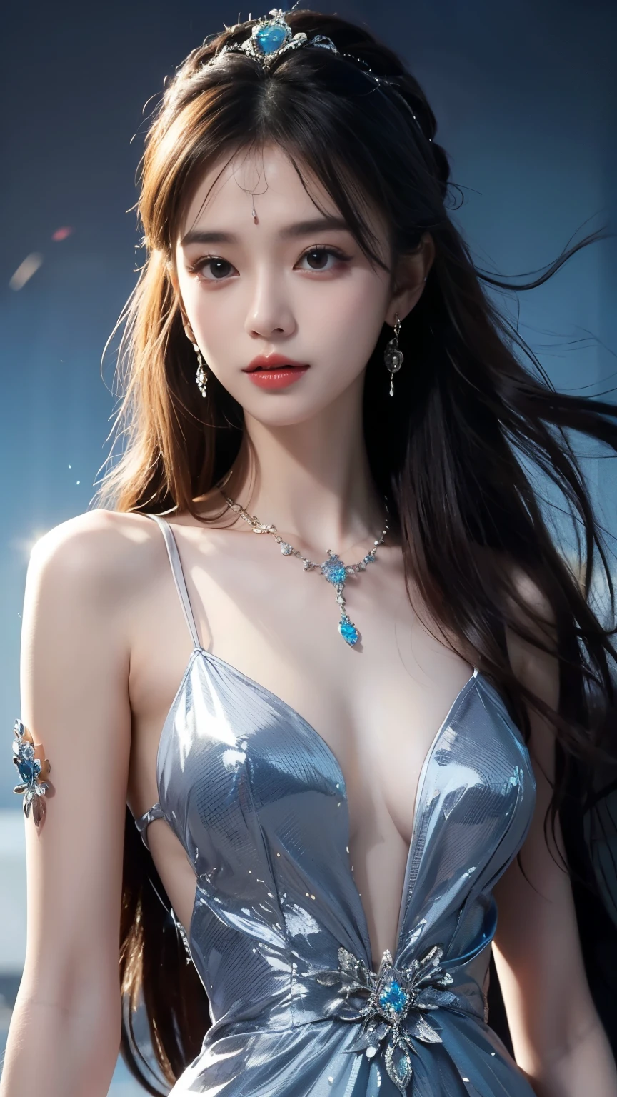 8K ultra hd, masterpiece, best quality, a beautiful girl, long hair, impressive hairstyle, royal hair jewelry, pretty cute face, flawless face, jewellery earrings, antique jewellery, details eyes, beautiful eyes, meticulous makeup, thin eyebrows, beautiful detailed lips, medium breasts, princess dress, blue dress, light blue laces, realistic colors, magic effect, night background, look directly at the audience,