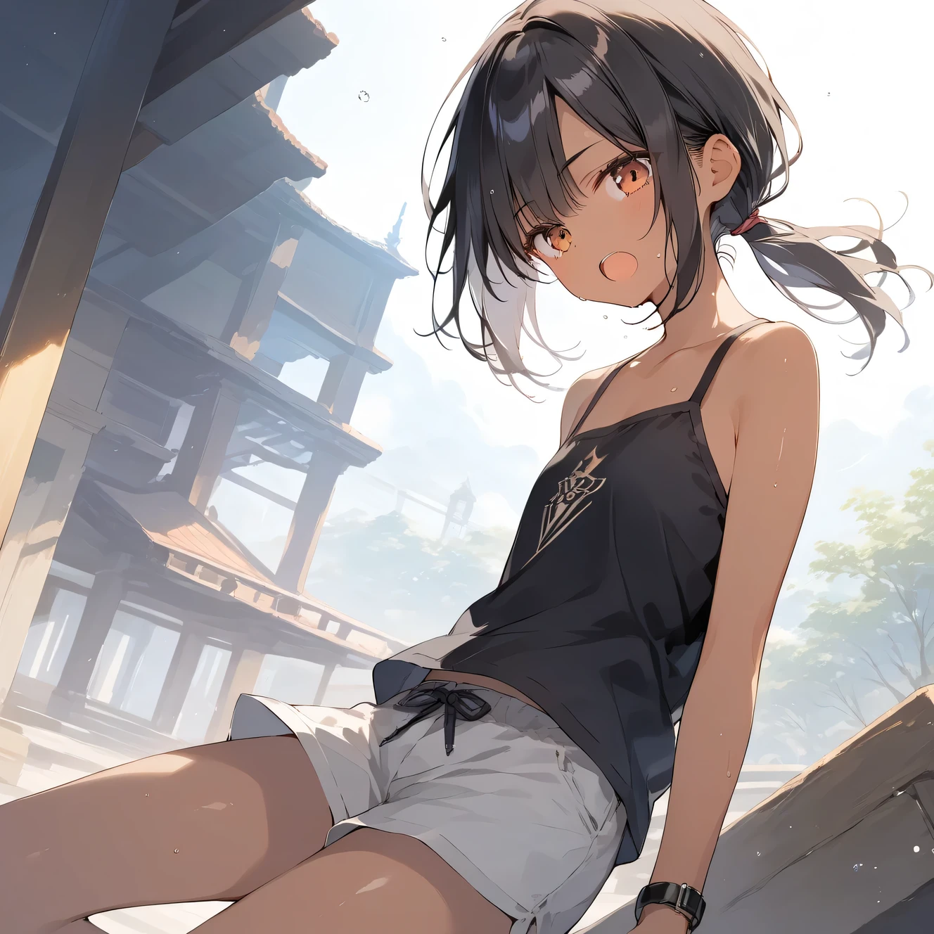 score_9, score_8_up, score_7_up, source_anime, best quality, masterpiece, official art, absurdres, highres, ultra-detailed,waifu2x,Collection: Slice of Life,break,1girl, tomboy, dark-skinned female, short hair, low ponytail, flat chest, beautiful detailed eyes, ninja, shorts, sweat, open mouth, (yawn:0.3), sleepily, outdoors, japanese castle, wind,break,(clear line illustration:1.2), super detailed skin,very high resolution, very aesthetic, Best sexual lighting powered by famous artist, 8k,cute picture,beauty illustration,photoshop_(medium),,(Detailed Lighting),best anime 8k konachan wallpaper, pixiv contest winner,