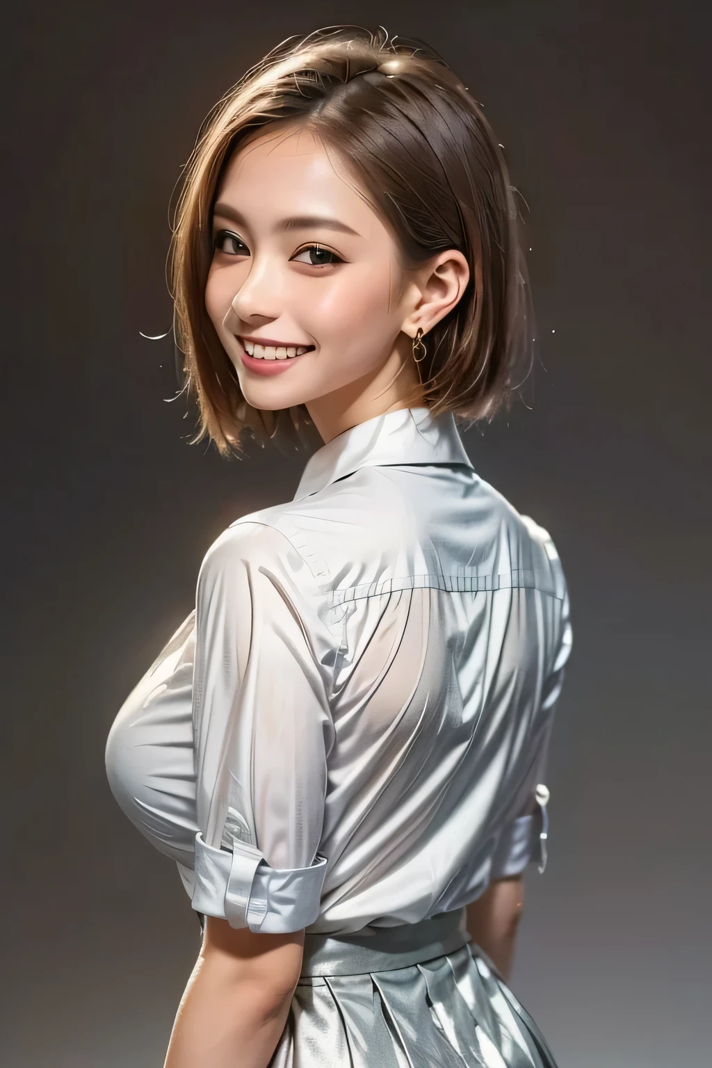 (top quality, masterpiece, formal, key light: The front is at a 45 degree angle, Auxiliary Light, backlight), accurate human body, Knowledgeable person, (Shining skin, Realistic skin texture, beautiful skin details, growing skin), (1girl), (Completely:1.2), grin, (shiny collared shirt: 1.2), Shine, (earrings), necklace, charming and perfect ratio, charming smile, fine surface texture, charming, short hair, wear a gray pleated skirt, Big Breasts, ((background: nothing white))