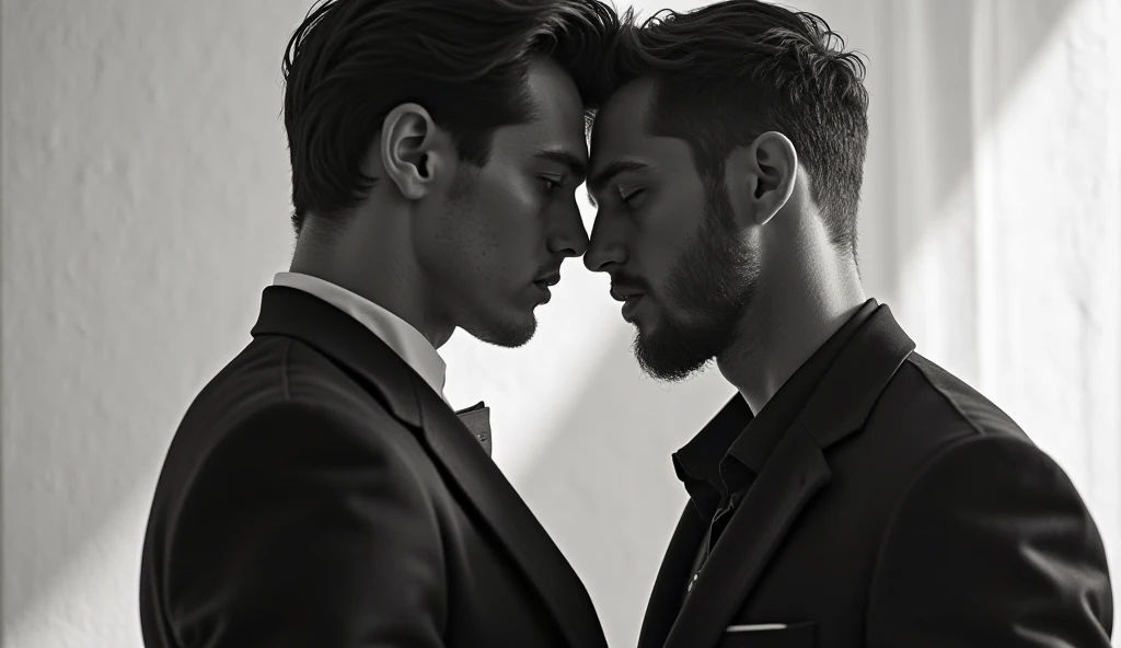 Handsome strong white man kissing another man intensely