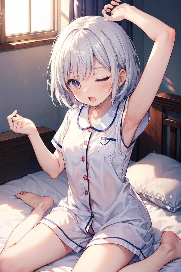 (8K, Highest Quality, Masterpiece:1.3)), Ultra HD, (1 girl, 1 person), (Color changing eyes, Ultra detailed, Expressive glow, Sparkling eyes), Very detailed eyes, Very detailed face, Random hair, (Silver-gray color), Exposed, On all fours, Nurse, Angle from below, Sunset, (Cute :1.3), (Ecstatic expression:1.2), White skin, Seductive, Kiss mark on décolletage, Dripping pussy jdown thighs, Hospital bed, Nurse uniform