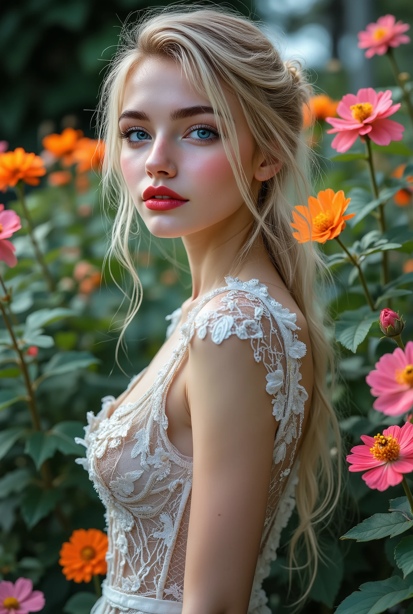 Realistic ((Photorealistic realism)), Hyper high resolution, ((Hyper insanel quality, epice masterciece, intricately detailed digital art)),((focus on extremely Realistic Proportion Body:1.3),"Portrait of {a woman with blue eyes, wearing a dress, standing in a garden}."(ultra realistic texture details: velvety skin, hair), ((sharp focus, no blurry eyes, Hyper absurd quality, Hyper details,Hyper realistic eyes:1.4)),((extra narrow eyebrows)),(Carefully draw Long blue_mascara:1.33),(perfect round eyes), (finely detailed pupils, (extremely fine details pupils)), detailed lips:1.3, (apply glossy red_lipstick:1.3), (perfect proportions:1.2), (White tight Dress made of lace fishnet), (Dolce & Gabbana, Floral style:1.26), (elegant fashion, intricate details:1.23), floral couture, (clothes made of silk and flower), (Wearing tight fitting dresses)), (black latex:1.25), latex bodysuit laced), (Intricately details multi-layer (Ruffled Black Gothic Punk Skirt), lace with fishnets:1.3), (white lace-up:1.3), dslr, high quality split lighting, sharp focus captured by Fujifilm XT3, f 5.6,(perfect composition),((look at the viewer)), HDR, UHD, studio lighting, physically-based rendering, vivid colors,