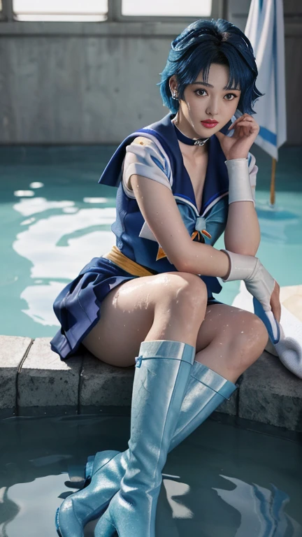 1girl, smile, delicate facial features, breasts, gloves, lips, solo, sailor mercury, blue eyes, smuniform, mer1, tiara, sailor senshi uniform, (RAW photo, best quality), masterpiece, ridiculous, sexy, floating short blue hair, blue sailor collar, bow, (over-the-knee boots: 1.1), choker, white gloves, Blue choker, elbow gloves, jewelry, earrings, blue skirt, sole, full body, blue hair, (perfect hand drawn): 3.8, octane rendering, water god,