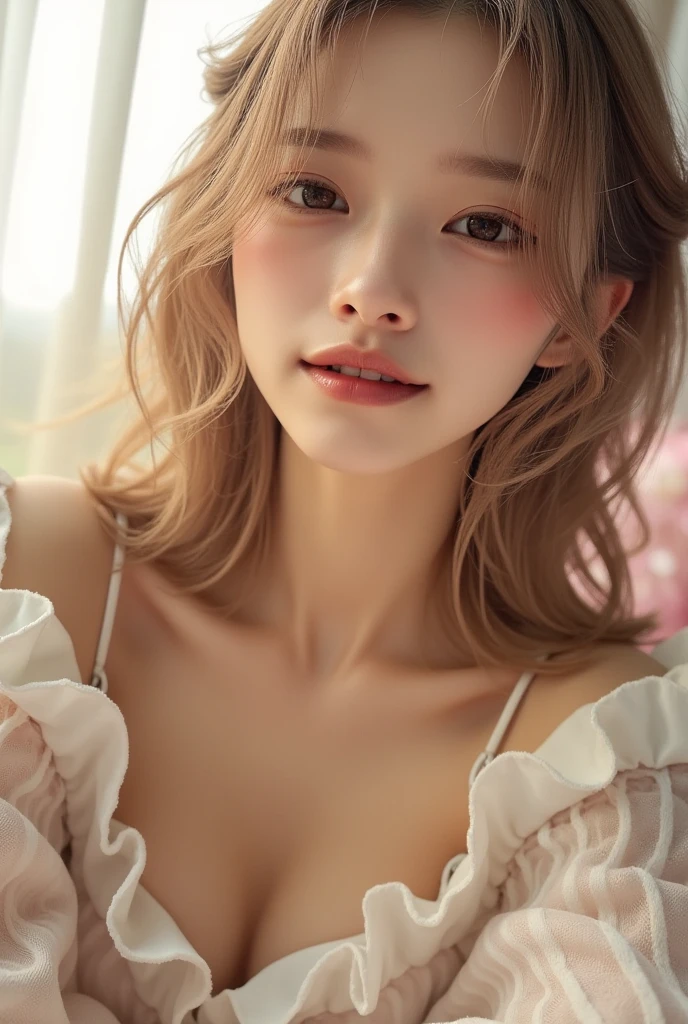 (masterpiece: 1.2, Portraiture, Highest quality), Realistic, (Live Action, Intricate details, Written boundary depth), Highest quality, masterpiece, Attention to detail, semi-Realistic, Drinking coffee in the morning , shy, 21 years old, Short blonde, blue eyes, blonde、 Slim figure、Shoulder Bare、Basking in the morning sun、Morning light pours in through the curtains, Wearing a nightgown, Drink coffee、Dark Room;1.5