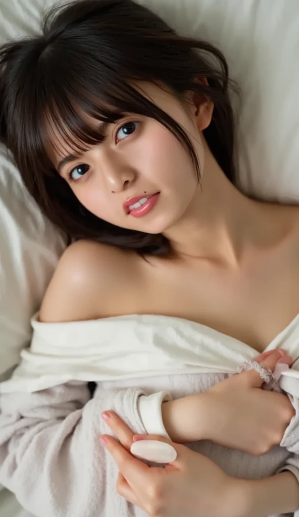 (One Girl), ((Very cute face)), Great face and eyes, (Highly detailed eyes, Highly detailed face), Fresh, Very beautiful appearance, (Ultra-realistic, High resolution), (highest quality:1.4), RAW Photos, (Realistic, Realistic:1.37), Professional photography , (see-through sailor uniform:1.1) , Smile a little, (look at me) , Portrait of a Girl , (gigantic breasts:1.3) , ((())) , ((junior high school student)), (light brown short hair:0.9) , (wavy hair:1.3) , (Nipples visible through sailor uniform:1.3) , (Please tilt your head a little) , Perfect nipples , ((Nipples are light pink )) , ((light pink areola)) , (sweating cleavage:1.2) , (cum on her breasts ) , (small nipples) , (upper body) , (lying down on the bed:1.3) , (young face:1.3) , (little girl:your back:1.4) , (young face:1.7) , (bare breasts:1.5) , (naked:1.3) , (bed on the back:1.3) , (braided hair:1.2)