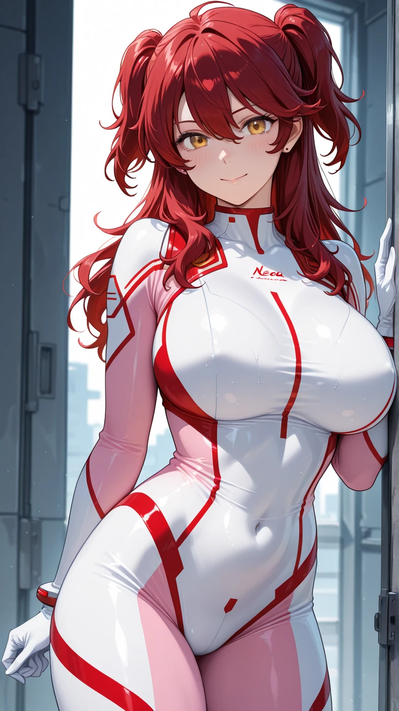 1girl in, ((Shiny skin)), (Red hair), ((Open thighs)), (Splattering sweat), , Body climax, , ((white rubber suit)), I can see the cleavage,On the roof of a building, Look at viewers, face to viewer,((shoulder-length hair)), (straight haired),(( close-up)),hands above your head, Large breasts,Colossal tits