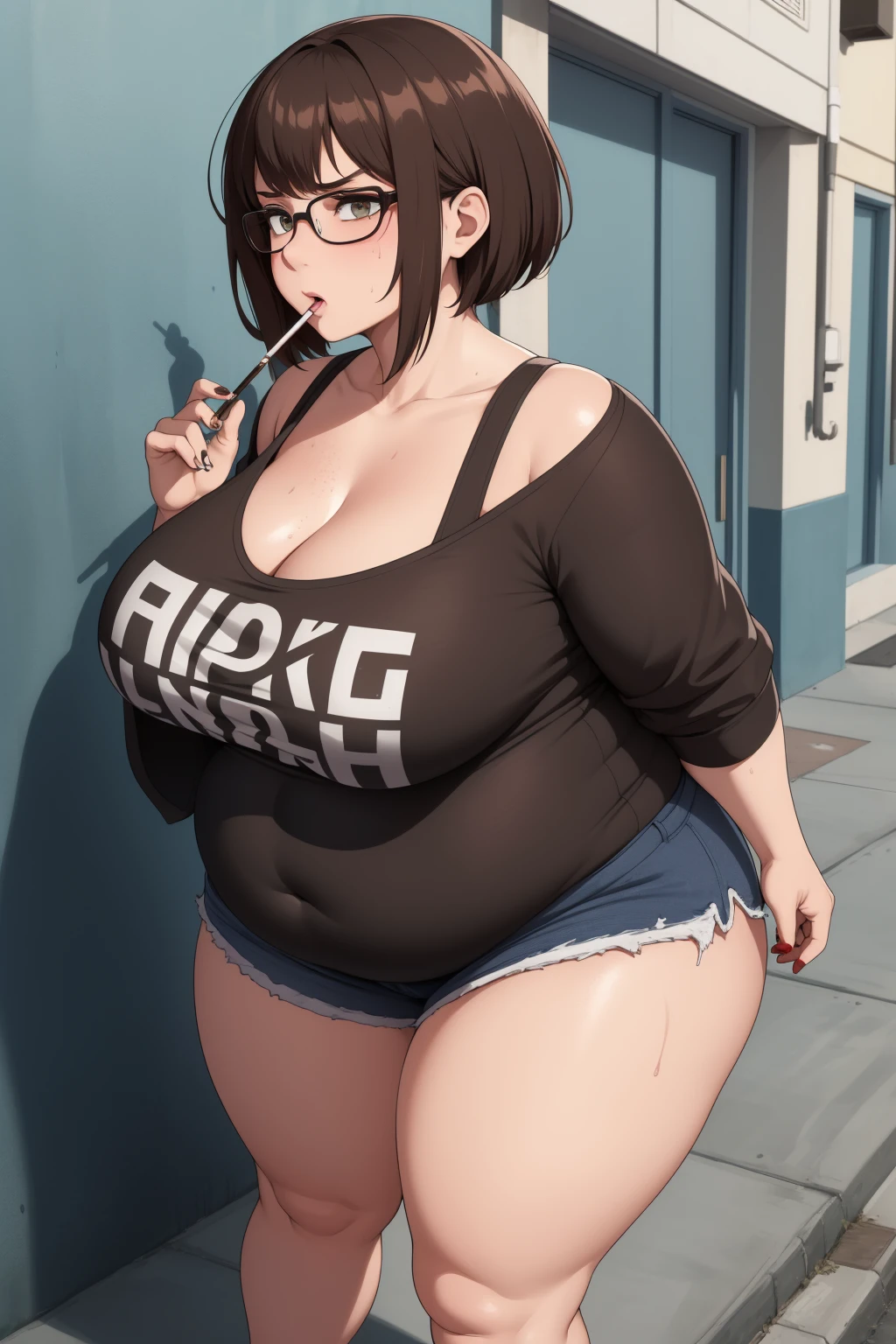 (((kipteitei art))), ((masterpiece)), (((best quality))), ((ultra-detailed)), (((illustration))), (1girl), (sone art)), (in the style of cell shaded), (vivid colors), skindentation, short hair, {black hair}, ((hair over one eye)), (Fluffy hair), messy hair, looking at viewer, green eyes, blush, warm smile, nervous, affectionate, cute, goth girl, sweating,out of breath, ear piercing, choker, ((black crop top)), plaid skirt, leopard print thong, (short skirt), thigh highs, black arm warmers, medium breasts, cleavage, (((wide hips))), (((((thick thighs))))), (chubby belly), belly rolls, navel, dynamic pose, simple background, standing, angled facing, facing to the side, mall, stores, in public, leopard print thong, big ass, perfect body