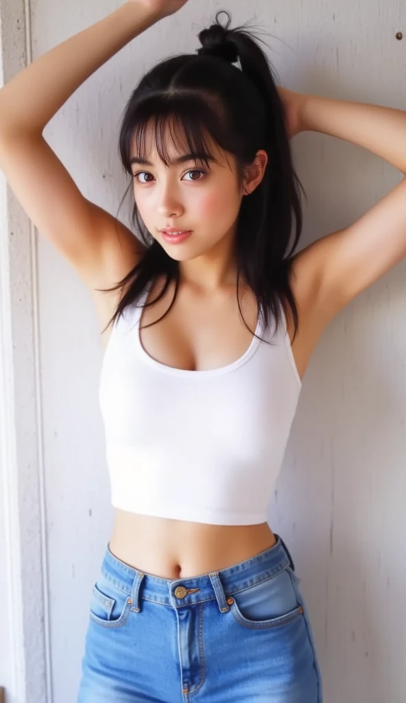 Beautiful facial features、Beautiful Kasumi Arimura、natural make up、White panties visible from the miniskirt、Cross your legs and show your panties、You can see your panties with your legs upright、sleeve less、Sleeveless、Beautiful belly button、Hands on the head、Tank tops、Ultra mini skirt in leather、White panties are visible、Pose showing off panties、Sitting on a green high-tech bike、flaxen ponytail、With smiling eyes、the perfect body、Shows buttocks、 Background Special Effects Neon、colourfull、colourfull、Highlight green motorcycle and girl、Top image quality、masterpiece、hight resolution、Complex motorcycle details、Emphasis on the creation of future technologies、Facial features are clear and not blurred,、Normal human finger、