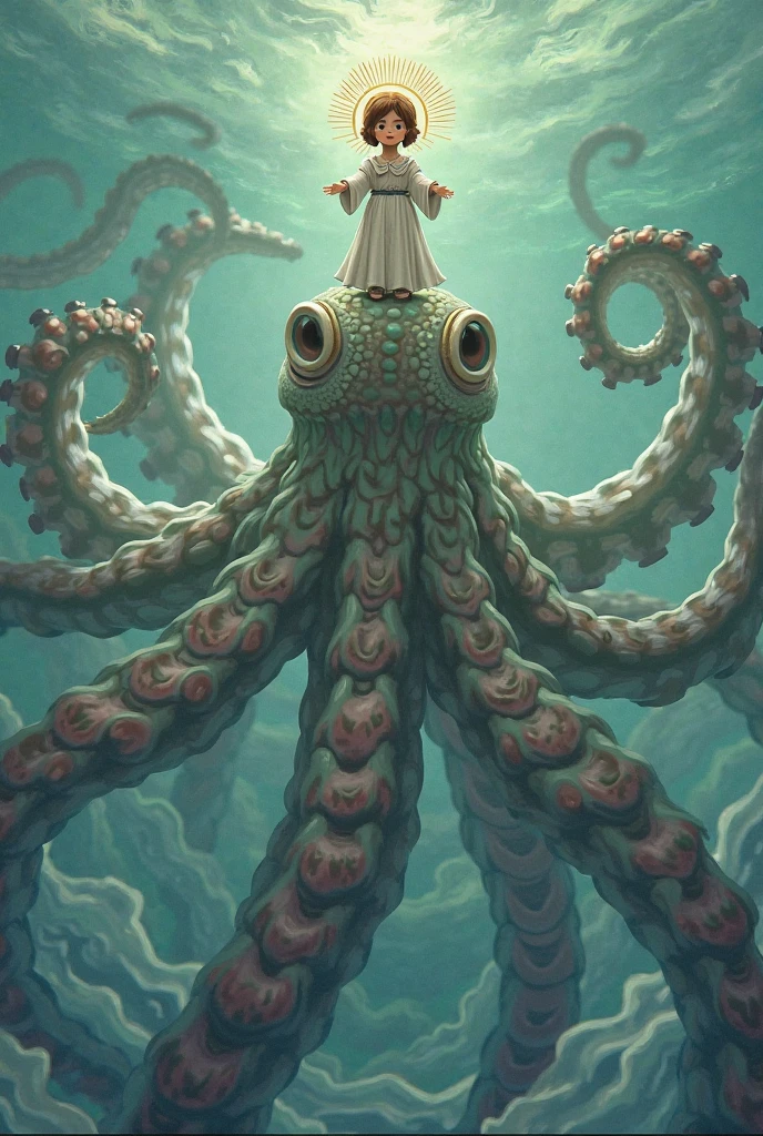 (extremadamente detallado, obra maestra, La mejor calidad), Estilo oscuro, intense illumination, rostro con arrugas, lengua larga, tentacle, deforme, monstruoso, interior de una piscina de agua verdosa, imagen submarina, alien con Colmillos finos, pico de pulpo amenazante. manchas de tinta. Rococo composition. Luz de caravaggio