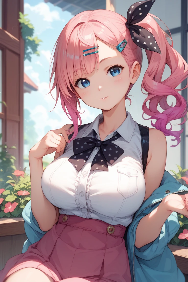 (masterpiece:1.3, top-quality, ultra high res, ultra detailed), (cleavage:1.4),(realistic, photorealistic:1.4), beautiful illustration, perfect lighting, natural lighting, colorful, depth of fields, surrealism, (embarrassed,blush:1.3),
beautiful detailed hair, beautiful detailed face, beautiful detailed eyes, beautiful clavicle, beautiful body, beautiful chest, beautiful thigh, beautiful legs, beautiful fingers, shiny skin,
looking at viewer, 1 girl, japanese, high school girl, (perfect anatomy, anatomically correct, super detailed skin), cute and symmetrical face, babyface, perfect face, perfect eyes,
(middle hair, two side up, pink hair), crossed bangs, purple eyes, drooping eyes, big eyes, long eyelashes, (large breasts, seductive thighs, skindentation), slender, outstanding style,
((detailed cloth texture, white collared shirt, blue pleated skirt, dark red neck ribbon), black thigh-highs, loafer),
(beautiful scenery), late afternoon,hands on chest, (lovely smile, upper eyes, open mouth small),