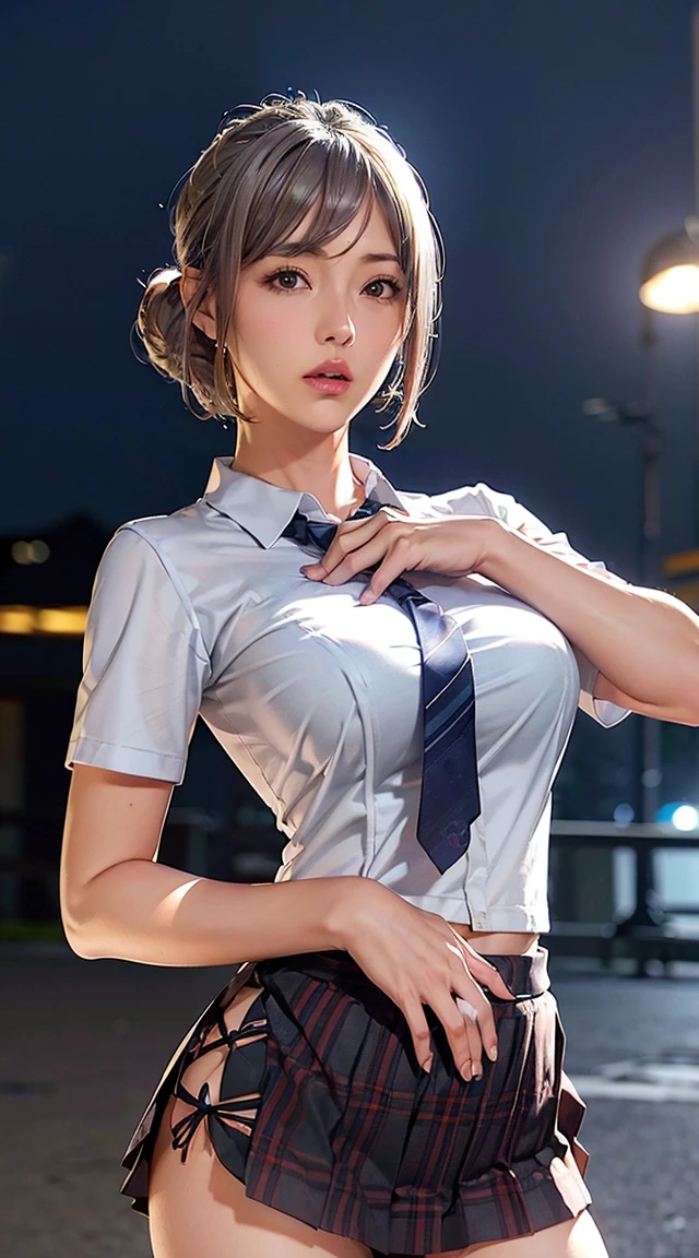 (8k, RAW Photos, 最high quality, masterpiece: 1.2), (Realistic, photoRealistic: 1.37), 1 A woman dressed as a waitress standing on the sidewalk, ,Ultra Mini Skirt、 Professional Lighting, Photon Mapping, , 、Simple clothes、 Ultra compact uniform、,At a popular restaurant, 胸がbig、Incredibly beautiful face、masterpiece, 最high quality, high quality, High resolution, big , (Face close-up),working at a restaurant、Carrying tableware、Hair is tied、Updo、Playmate proportions、Erotic Waitress、Please tie your hair tightly、expose as much skin as possible、、The ultimate revealing outfit、Slicked back hair、Infinite Strip、Slicked back hair、oh、Nipple poking stimulation、Tingling nipples、Anal feels good、Checked Clothing,Checkered Mode、Showing nipples、