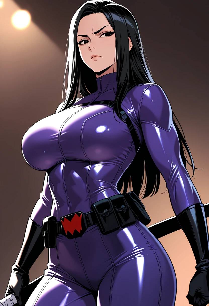 Raven from teen titans, 1girl, long blue hair, lips, painted lips, thick lips, hips, thighs, round breast, ass, bimbo face, muscular stomach abs, shiny skin, breasts squeezed together, natural breasts, black latex top, belts, hand signs, underboob,