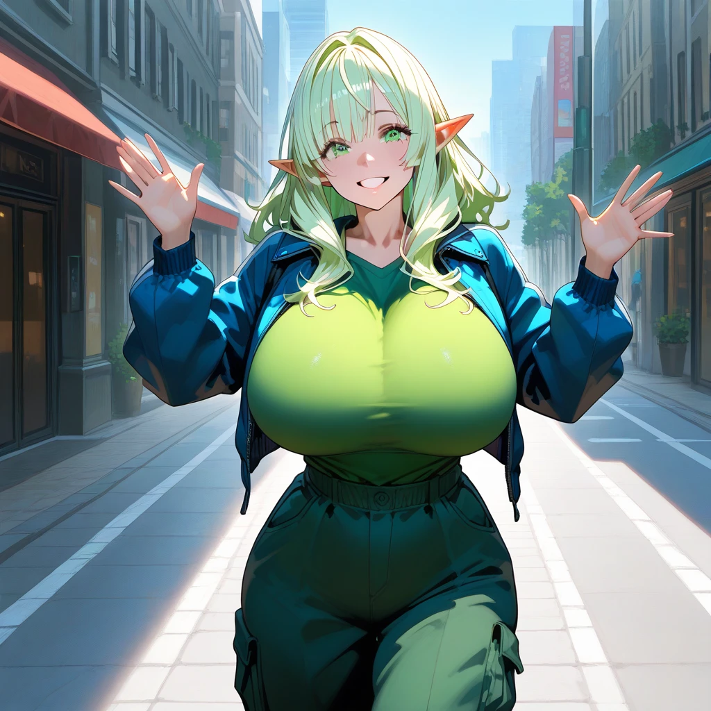 Yellow hair color,short hair,light brown eyes,chubbily ,huge breasts,whipped thighs,cat mouth,smile,Open mouth,open eye,double tooth,Taken from the viewpoint above, looking at viewer,upturned eyes,Street Background,SFW,perfect,high quality,faultless,