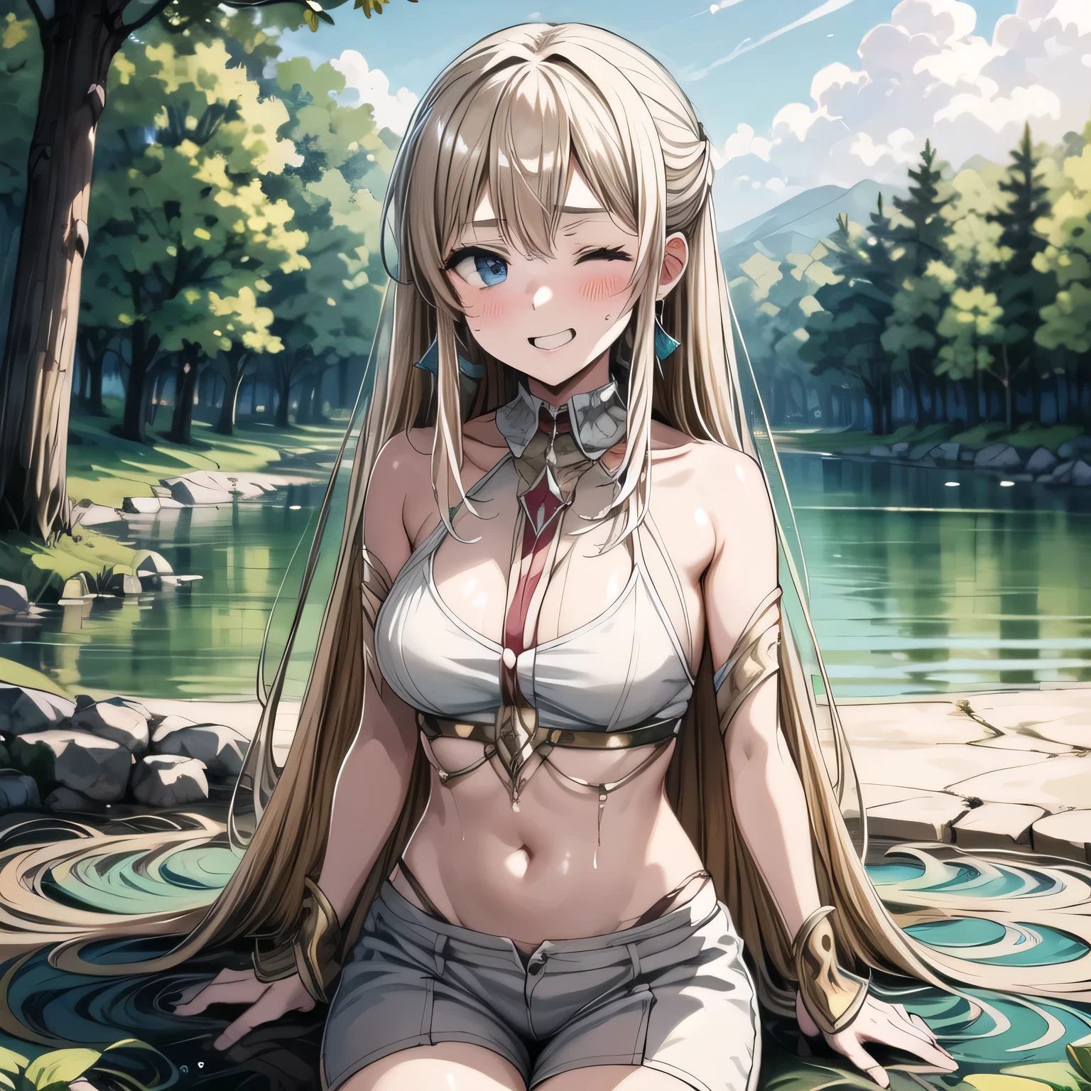 8K, Ultra High Definition, Super detailed, Shiny detailed hair, detailed face, fantasy landscape, solo, looking at viewer, {{best quality}}, {{masterpiece}}, {{ultra-detailed}}, {detailed light}, ultra high quality eyes, detailed eyes, perfect eyes, large eyes, ((detailed pink eyes)), beautiful lips, ((blonde hair)), long hair, beautiful, skinny body, white skin, slutty, erotic, suggestive, ((pink flower hair ornament)), {{nsfw}}, Sitting Down, Fully Body, 