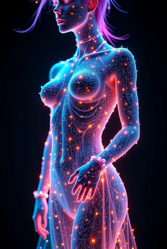 ashion editorial photography, medium shot of an asian model,Blue background,Orange contrast,Tech patterns, Dynamic silhouette, Virtual devices, Light effects and particles, Futuristic typography, Dynamic movement,Abstract geometry