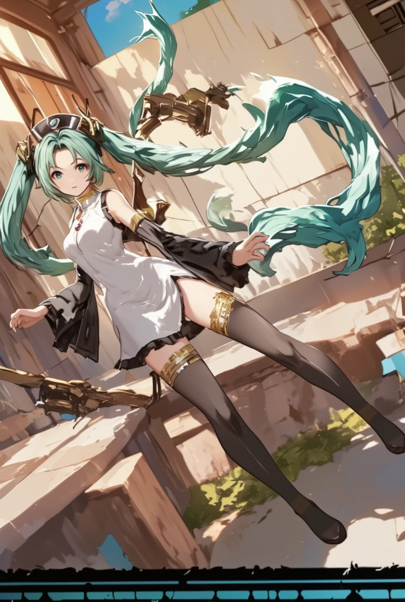 ( masterpiece、 best quality、 best quality、Official Art、 beautiful and beautiful :1.2) Hatsune Miku、light green twin tails, beautiful breasts, create a new style by merging different styles,
Various techniques used to create a delicate yet bold composition々We combine techniques ,
The charming archer, shoot something unexpected with a bow, Shoot at the audience,
dynamic shot, Ankles inside the frame,
Detailed and Realistic Textures , Professional Artwork, Fine spray work, powder coating for a three-dimensional look,