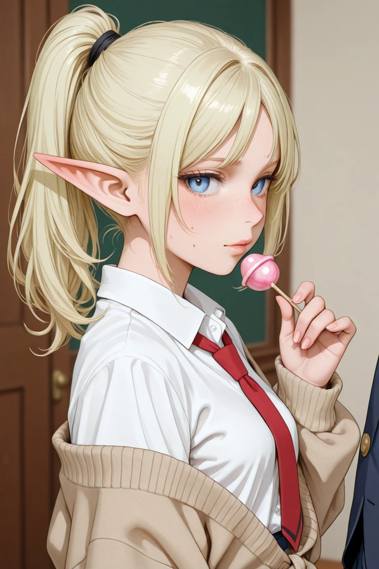 1girl,teenager,elf,school_uniform,blazer,cardigan,gyaru,wavy hair,holding lollipop,
general,masterpiece,amazing quality,very aesthetic,absurdres,newest,