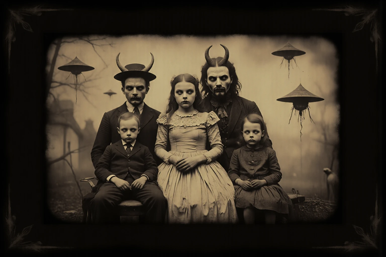 A ((Very old photograph in sepia tones only, monochrome)) surreal, gothic-style image featuring three weird kids with pale skin and striking facial features, including high cheekbones and dark, dramatic makeup. Both children are dressed in black Victorian-era clothing. They are standing with their backs to a biomechanical creature that is holding a rectangular object studded with nails between them. The background is a desolate, misty forest with strangers trees, adding to the eerie and spooky atmosphere of the scene. vintage, photorealistic, early science fiction, Intricate Details, from the film Metropolis, inspired by Fritz Lang's Metropolis, Directed by Fritz Lang. Retrofuturism, 1920s, Old sci-fi film, ((motion picture film)), Ultra detailed, Chiascuro, Intricate, Sharp focus, Studio photography, Highly detailed, Photorealistic style, Hyperrealistic, High dynamic range, B&W, Realistic textures, 8K UHD, Nikon D 850, Kodak Portra 400, Fujifilm XT, 3D rendering.
