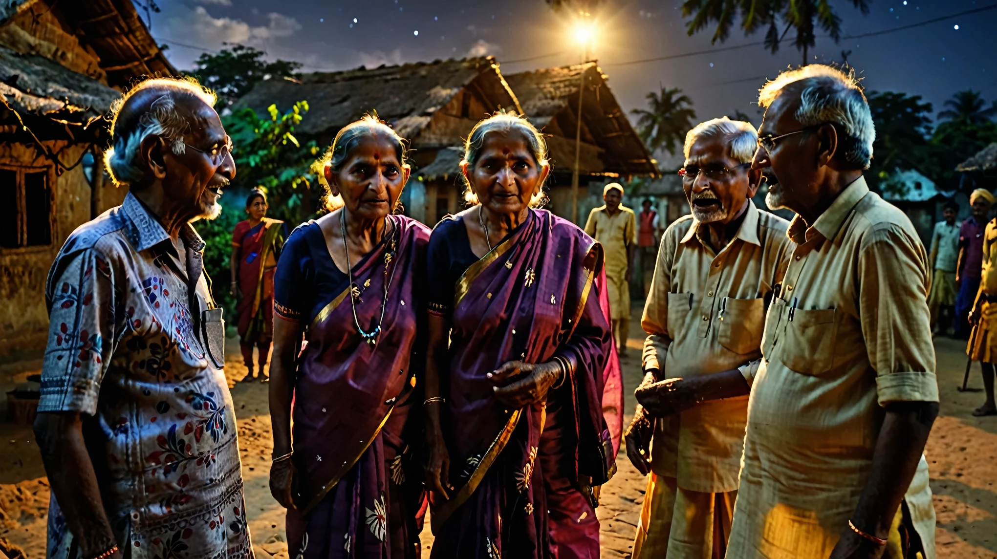 Dynamic photo of some indian village's old people conversation each other with scaring at night, stunning picture, realistic cinematic style, 4k ultra HD quality in 3D