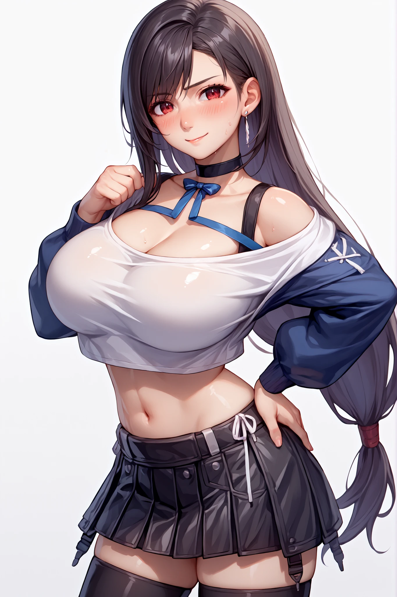 score_9, score_8_up, score_7_up, score_6_up, source_anime, 1girl, solo, 7rtif, red eyes, low-tied long hair, black hair, earrings,, pleated miniskirt, black thighhighs,, large breasts,, looking at you, smile, hand on hip,,, happy, solo focus, looking at viewer, shiny skin, shiny hair, shiny body, clear body, nose blush, BREAST FOCUS,, tight clothes completely flat white and empty background,, bubbling breasts, SOLO, white background, empty background, in a black off-shoulder long-sleeve crop top and tight black athletic shorts with white trim and drawstring, pulling up her shirt slightly with both hands. Light sweat on her skin, slightly embarrassed or flustered expression, subtle blush, short messy dark hair, simple choker on neck. Clean white background with soft shadows. Anime-style, ultra-high resolution, full body, detailed rendering, smooth skin, glossy highlights, HUGE BREASTS,