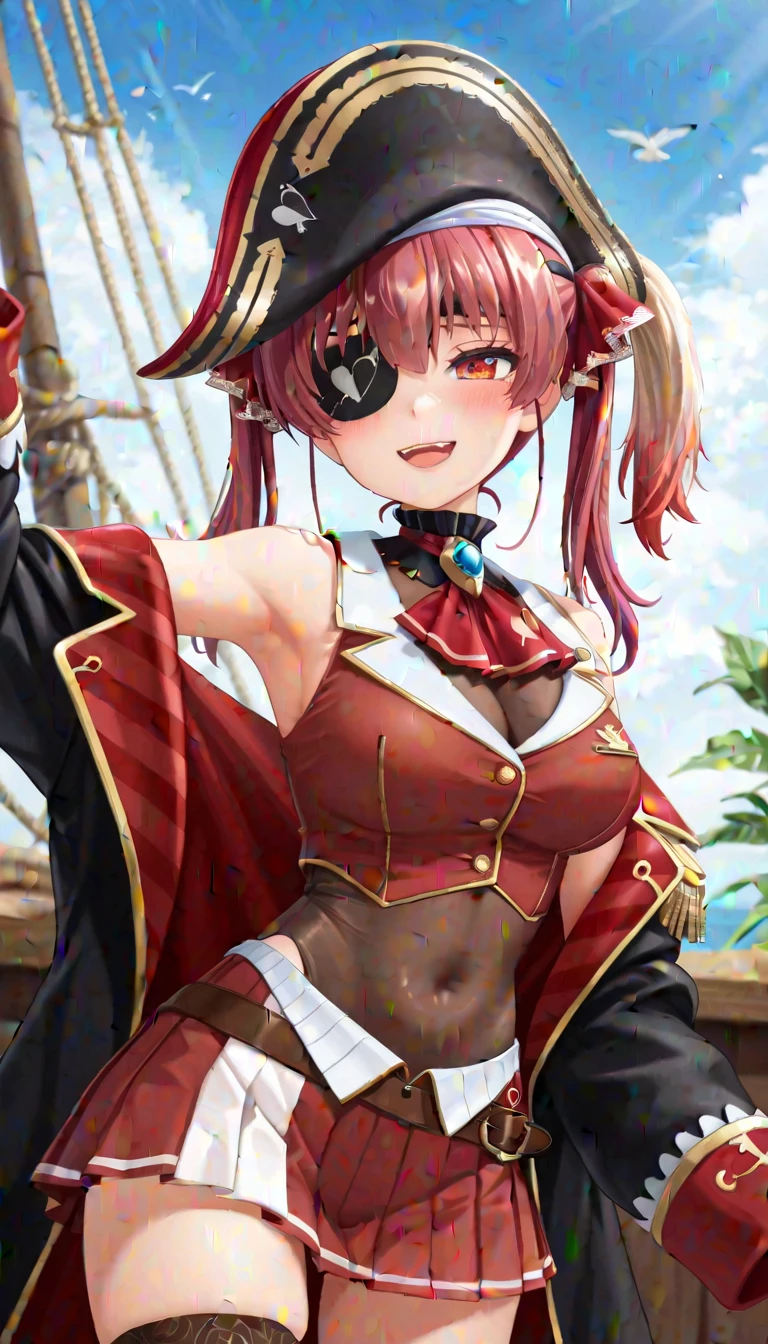 HDR, CG, sharp focus,(8k), (4k), (Masterpiece), (Best Quality), fantasy, extremely detailed, intricate, hyper detailed, (perfect face:1.3), (perfect eyes:1.2), illustration,soft lighting,(specular lighting:1.4), highres, absurdres,(realistic:1.5), thick thighs,(skindentation:1.3),best quality, Houshou Marine, houshouBase, heterochromia, red eyes, yellow eyes, twintails, long hair, hair ribbon, large breasts, white gloves, frilled choker, red ascot, leotard, leotard under clothes, red jacket, cropped jacket, sleeveless jacket, black coat, off shoulder, bicorne, red skirt, miniskirt, leather belt, black thighhighs
<lora:houshouMarine5Outfits_v20:1>,