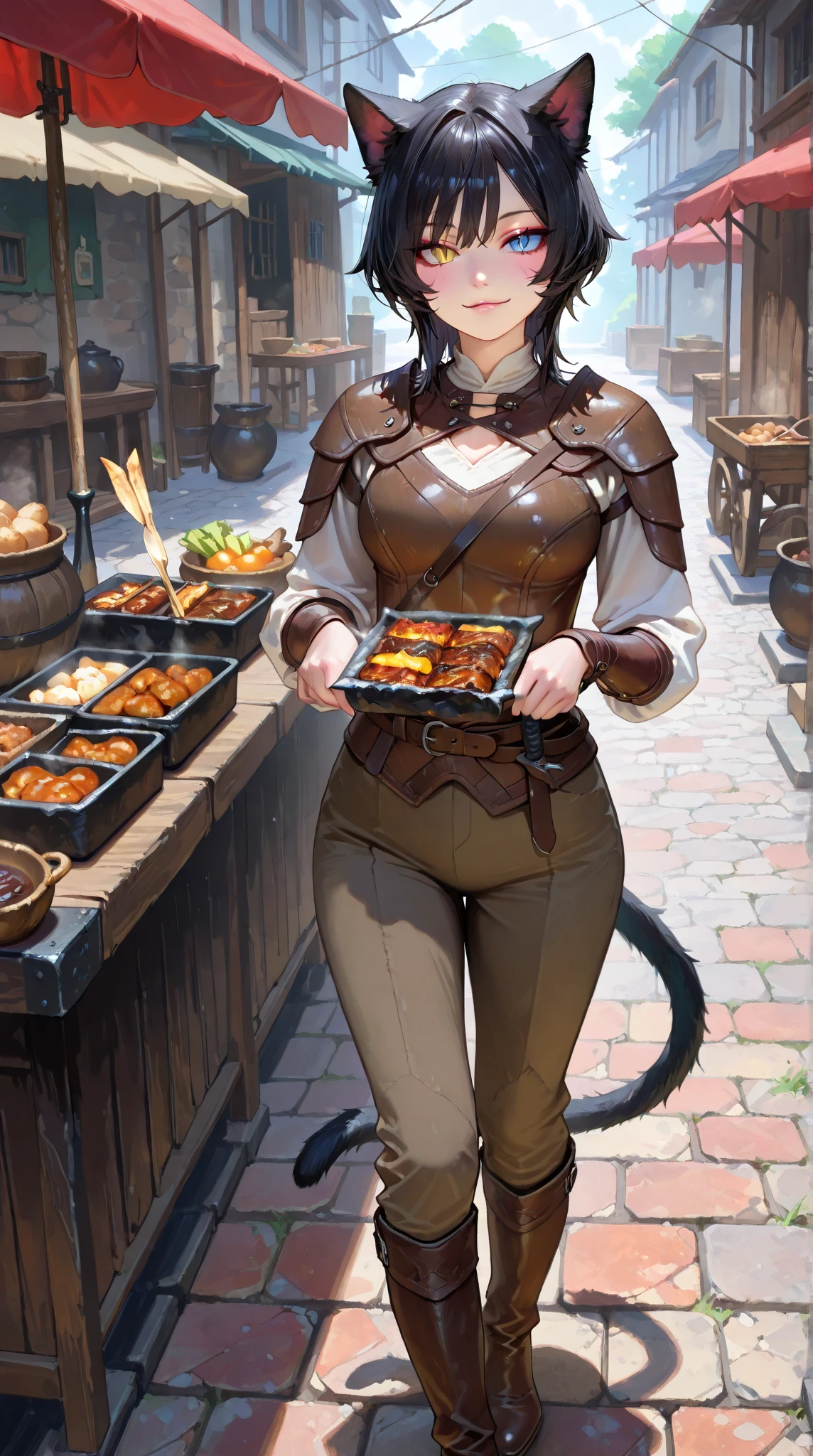from front, full body, looking at view, 1 woman holding grilled skewers at a medieval-style food stall, M4rket, Outdoors, (adult cute woman:1.1), happiness, (((slit pupils.:1.3))), heterochromia, blue eye, yellow eye, black hair, shiny hair, wolf cut hair, cat ears, perfect artwork, picture-perfect face, beautiful face, charming, seductive, alluring, enchanting, stylish, medium breasts, leather armor, leather shoulder pads, leather bracers, brown pants, leather boot, , black cat tail, masterpiece, best quality, ultra realistic 8k cg, epic,