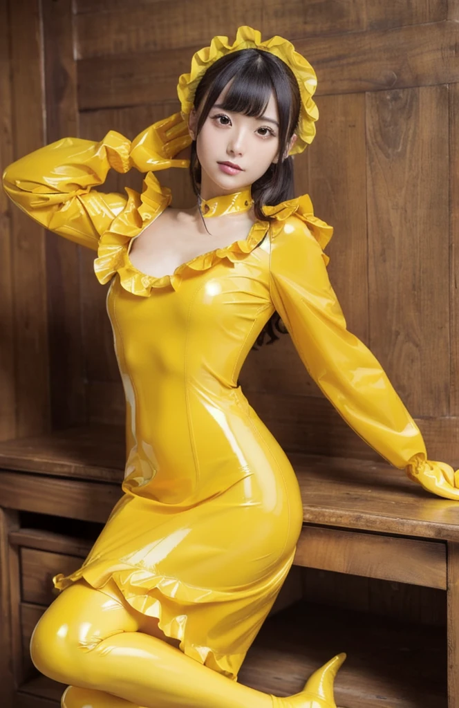 Portrait、(masterpiece,Highest quality,Ultra-high resolution),Japanese women, (((Very beautiful 25 year old girl))),(Yellow latex maid outfit)、(Yellow latex long skirt)、Yellow latex long gloves、Yellow latex socks、Latex is very shiny、Dark Room、