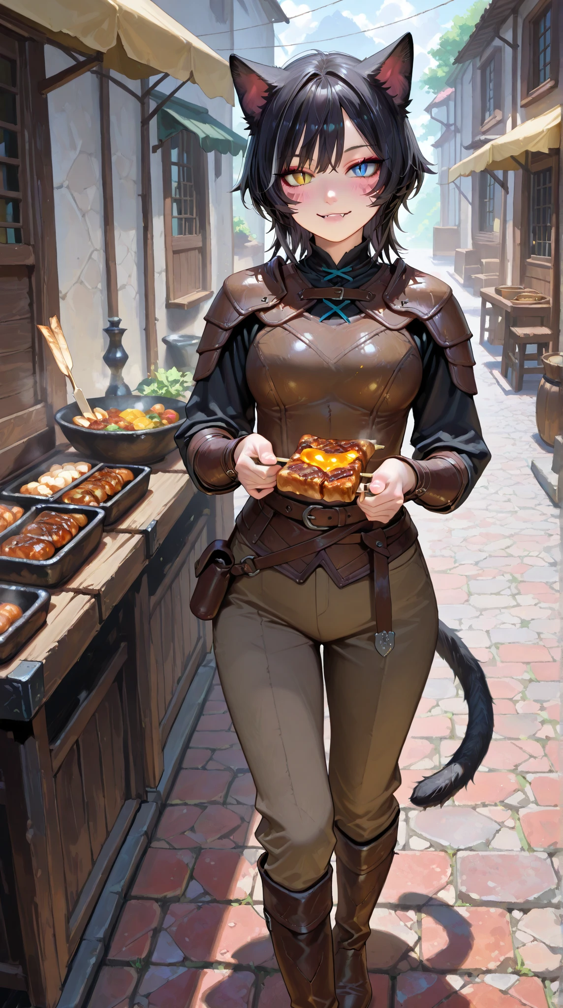 from front, full body, looking at view, 1 woman holding grilled skewers at a medieval-style food stall, M4rket, Outdoors, (adult cute woman:1.1), happiness, (((slit pupils.:1.3))), heterochromia, blue eye, yellow eye, black hair, shiny hair, wolf cut hair, fang, cat ears, perfect artwork, picture-perfect face, beautiful face, charming, seductive, alluring, enchanting, stylish, medium breasts, leather armor, leather shoulder pads, leather bracers, brown pants, leather boot, , black cat tail, masterpiece, best quality, ultra realistic 8k cg, epic,