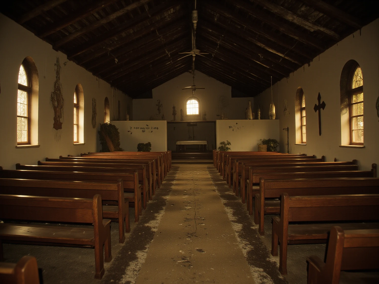 <lora:liminalspaces2:1>, liminalspaces,
An empty, deserted church, with silent pews and broken stained glass windows. The sense of stillness and emptiness is overwhelming, as the camera lingers on the empty altar and silent nave.
