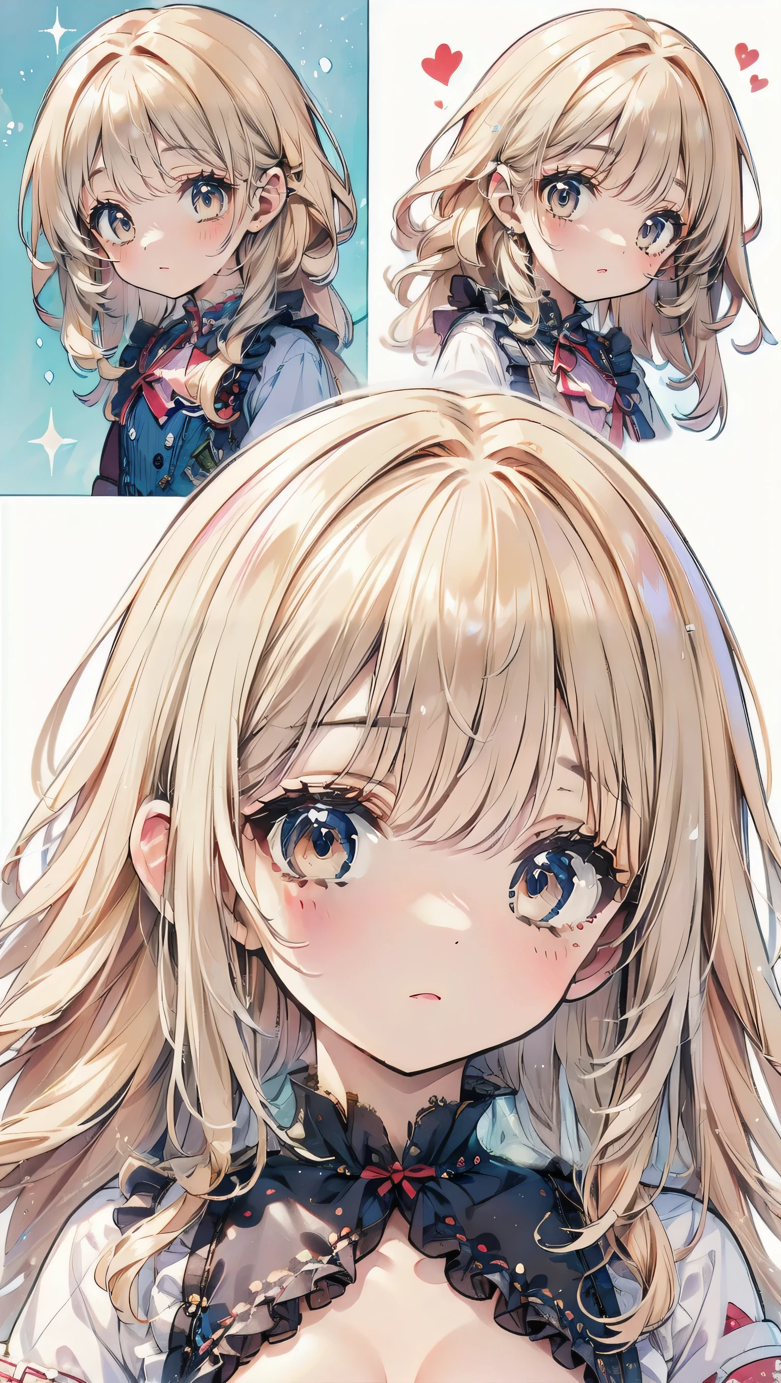 Dots are、明るいピンクの頬、she has chin-length, curly, golden blonde hair with wavy bangs.、she'dark-skinned girl, she is wearing a bright red headband with a ribbon on the right side of her head.. Dots are、she wears a shiny pastel blue and scarlet red dress with a small ribbon belt around her waist。, white collar, 4 crimson buttons, Bright red lining. sheのドレスの下には赤と淡いブルーのチュールスカートがある.. she also、Red top with white socks、she is wearing carnation pink high-top sneakers with bright red shoelaces, Shine; glitter, NSFW,