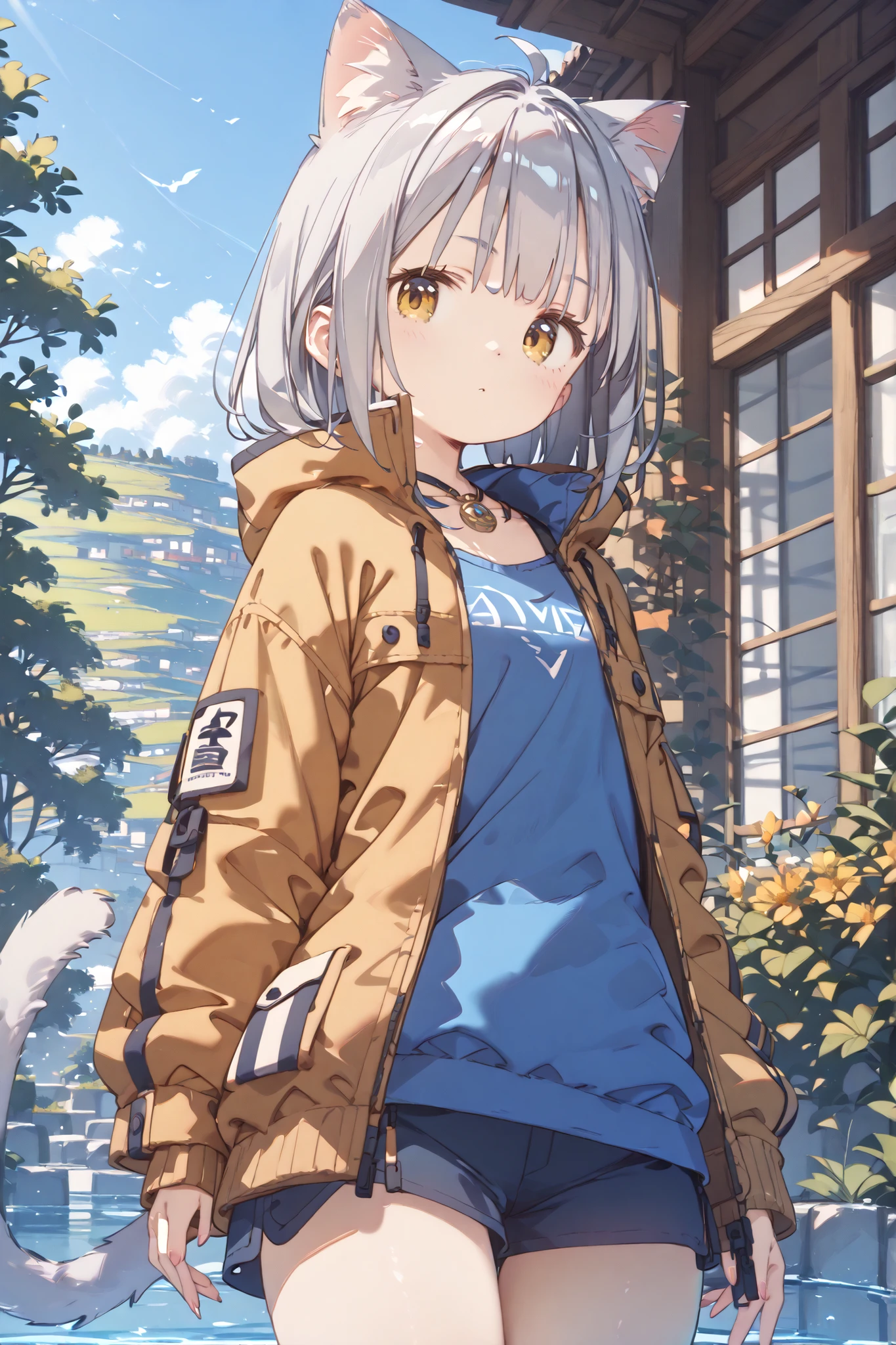 HD、High Quality、8k、4k、Cat ears、 cat tail、beautiful girl、 Silver Hair、Golden Eye、 small 、Cinderella Bust、Wear the jacket directly on bare skin
