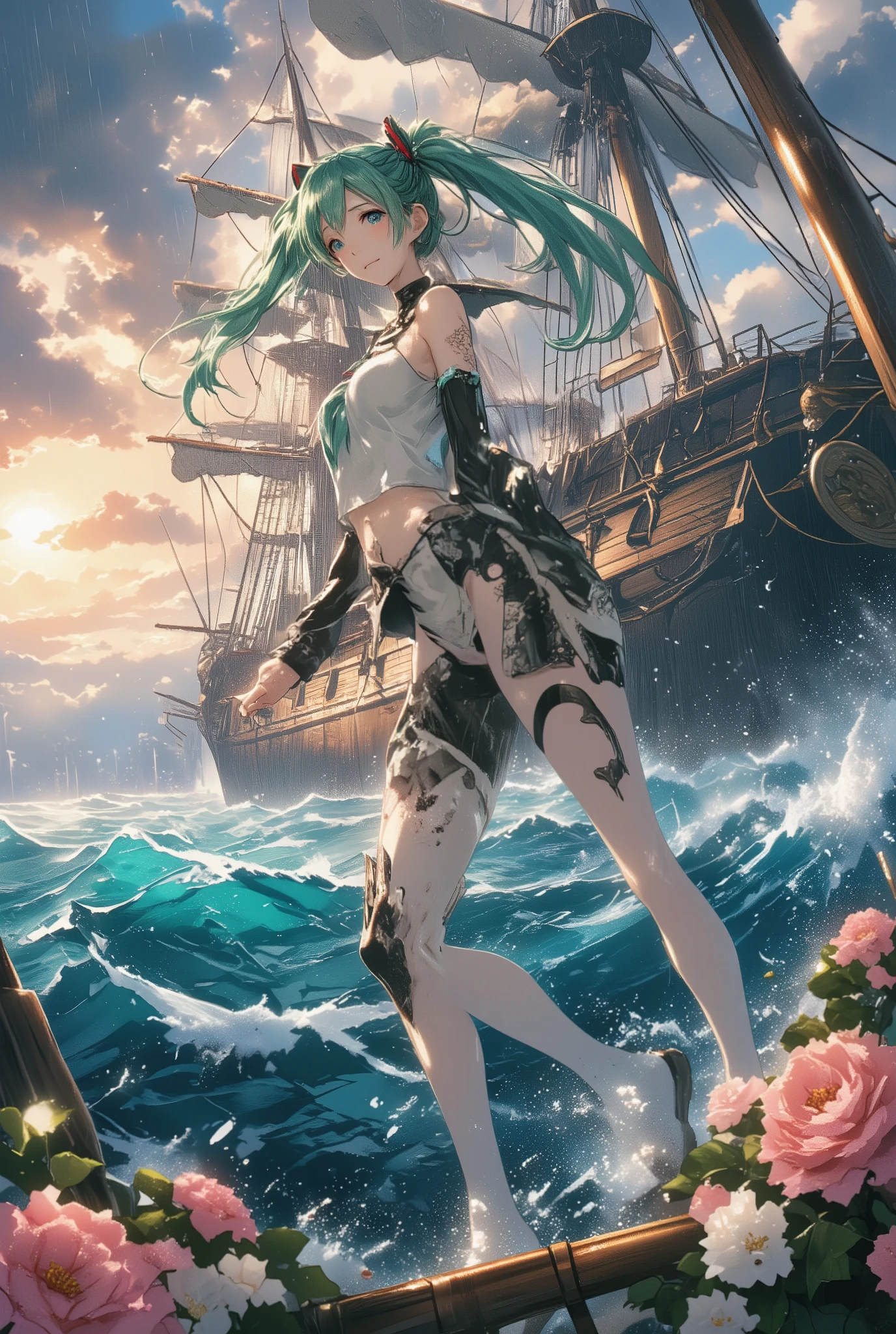 ( masterpiece、 best quality、 best quality、Official Art、 beautiful and beautiful :1.2) Hatsune Miku、light green twin tails, beautiful breasts, 大航sea時代、sailor clothes、Wooden sailing ship、deck、sailor clothesを着た女の子、sea、A very large sailing ship、has a very large hull、its sails are big and luxurious、rain clouds spread all over the sky、Light Shines 、 Heavy Rain、High waves、荒波を航seaする、 realistic image framed with flowers、