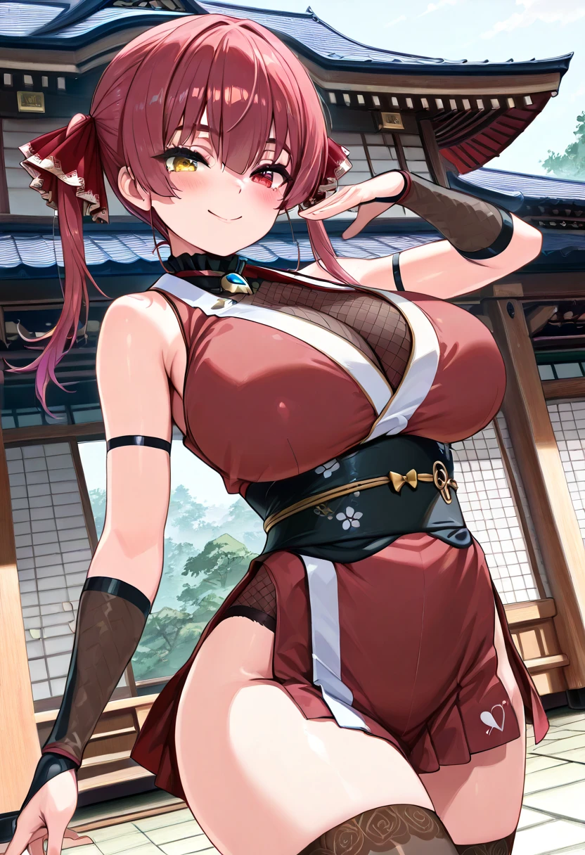 anime girl with medium length red hair, two braids, blue dress with a deep neckline and a wide brown skirt, holding your chest from below with both hands, BREAK red eyes, red medium hair with two braids, Two pigtails, blue dress(deep cleavage) with a white stripe near the neckline, wide brown skirt, wide brown belt with a buckle in the form of a golden qian, Flushed, ((Huge-breasts)), Realistic, Komachi Onozuka, from touhou, Komachi Onozuka!!, BREAK ((winks and smiles)), looking a viewer, ((holding her breasts, arms crossed underneath her)), ((breast overflow)), BREAK stands in a square next to ancient Japanese buildings.
