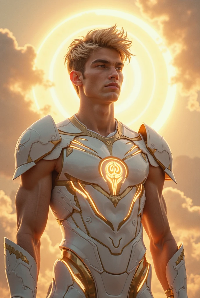 Aetherios, the young god of light and son of Zeus, wearing a sleek ...