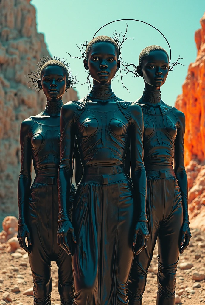 Create an ultra-realistic image of humans 3,000 years into the future, reflecting both evolutionary advancements and technological integration. Depict individuals with advanced physical features that might evolve naturally over millennia, such as enhanced musculature, improved skeletal structures, or changes in skin texture and color adapted to future environments. Integrate visible technological enhancements, such as advanced prosthetics, augmented reality interfaces, or bio-engineered features seamlessly blended with the human form. Ensure the image captures a diverse range of individuals, showcasing how these changes might vary across different genetic backgrounds and environments. The setting should be futuristic yet believable, with advanced architecture and technology visible in the background, highlighting the integration of these features into everyday life.